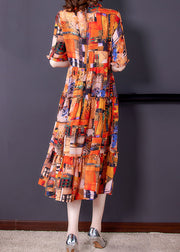 Bohemian Orange Ruffled Print Patchwork Silk Dress Summer