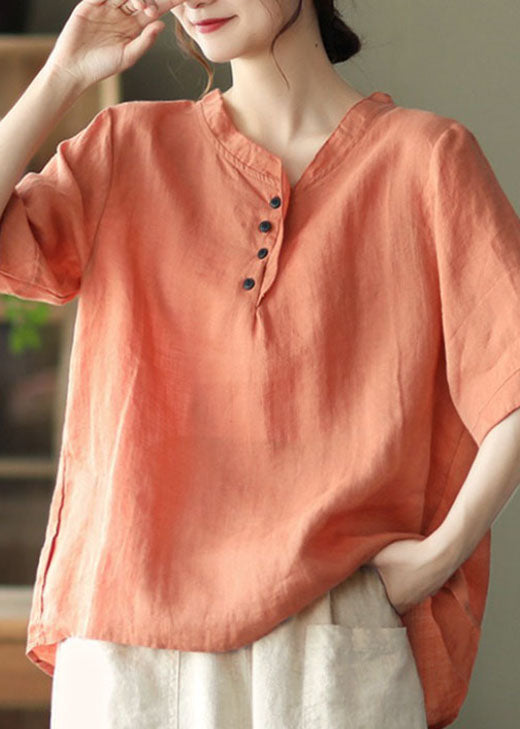 Bohemian Orange V Neck Button Cotton Shirt Half Sleeve