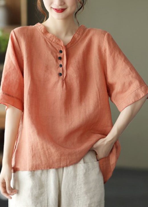 Böhmisches orangefarbenes Baumwollhemd mit V-Ausschnitt und halben Ärmeln