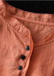 Bohemian Orange V Neck Button Cotton Shirt Half Sleeve