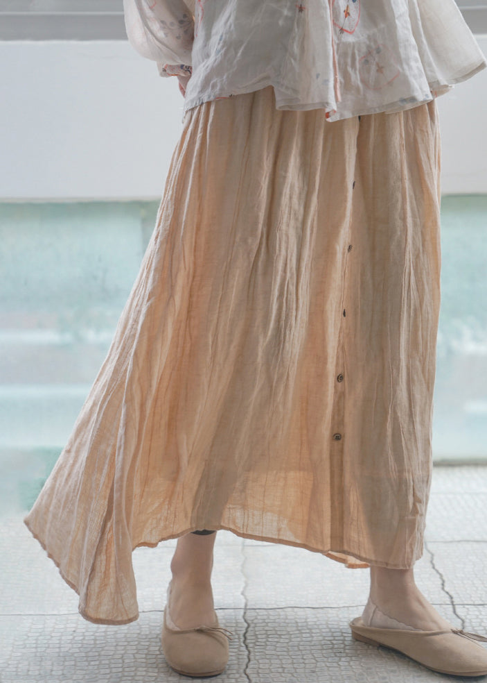 Bohemian Orange elastic waist wrinkled Linen A Line Skirts Spring