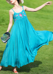 Bohemian Peacock Blue Embroidered Wrinkled Cotton Spaghetti Strap Dress Summer