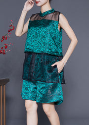 Bohemian Peacock Green Hollow Out Patchwork Silk 2 Piece Outfit Summer