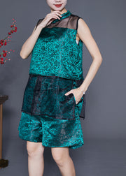 Bohemian Peacock Green Hollow Out Patchwork Silk 2 Piece Outfit Summer