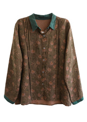 Bohemian Peter Pan Collar Print Button Linen Shirt Long Sleeve