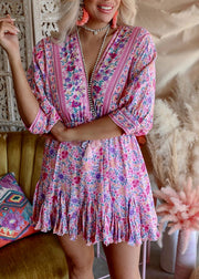 Bohemian Pink Asymmetrisches Design Print Backless Outfit Mid Dress Half Sleeve