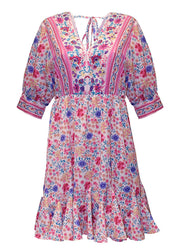 Bohemian Pink Asymmetrical Design Print Backless Outfit Mid Dress Half Sleeve
