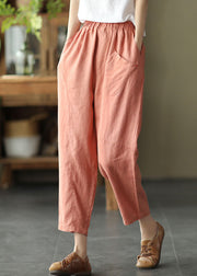 Bohemian Pink Elastic Waist Pockets Linen Crop Pants Summer