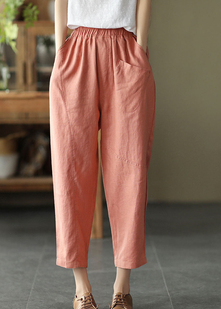 Bohemian Pink Elastische Taillentaschen Leinen Crop Pants Sommer