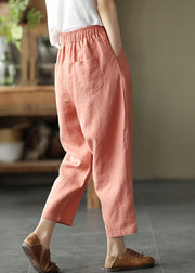 Bohemian Pink Elastic Waist Pockets Linen Crop Pants Summer