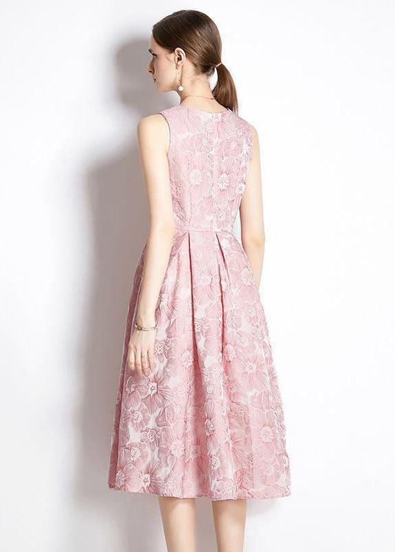 Bohemian Pink Jacquard Exra Large Hem Silk Holiday Dress Sleeveless