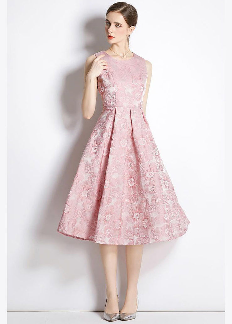Bohemian Pink Jacquard Exra Large Hem Silk Holiday Dress Sleeveless