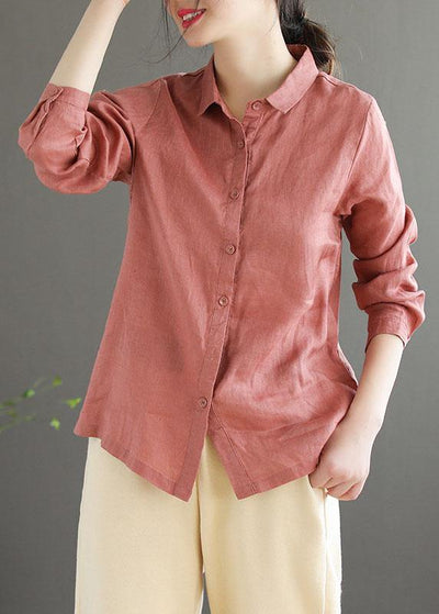 Bohemian Pink Loose Casual Button Summer Linen Long Sleeve Blouse Top - SooLinen