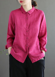 Bohemian Pink Loose Casual Button Summer Linen Long Sleeve Blouse Top - SooLinen