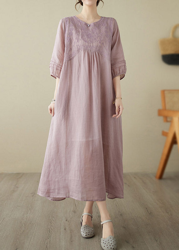 Bohemian Pink O-Neck Embroidered Patchwork Wrinkled Linen Long Dress Half Sleeve