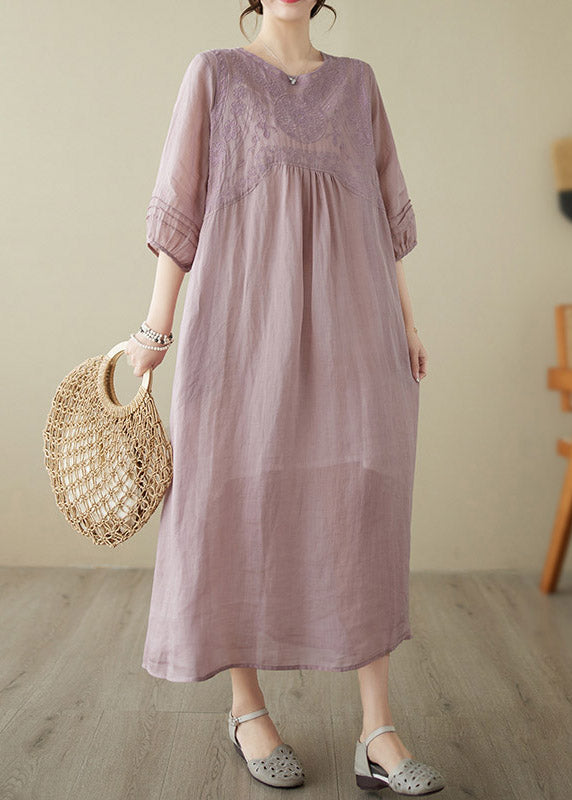 Bohemian Pink O-Neck Embroidered Patchwork Wrinkled Linen Long Dress Half Sleeve