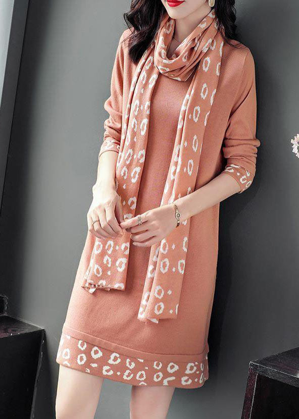 Bohemian Pink O-Neck Patchwork Scarf Long Knit Dress Long Sleeve