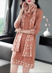 Bohemian Pink O-Neck Patchwork Scarf Long Knit Dress Long Sleeve