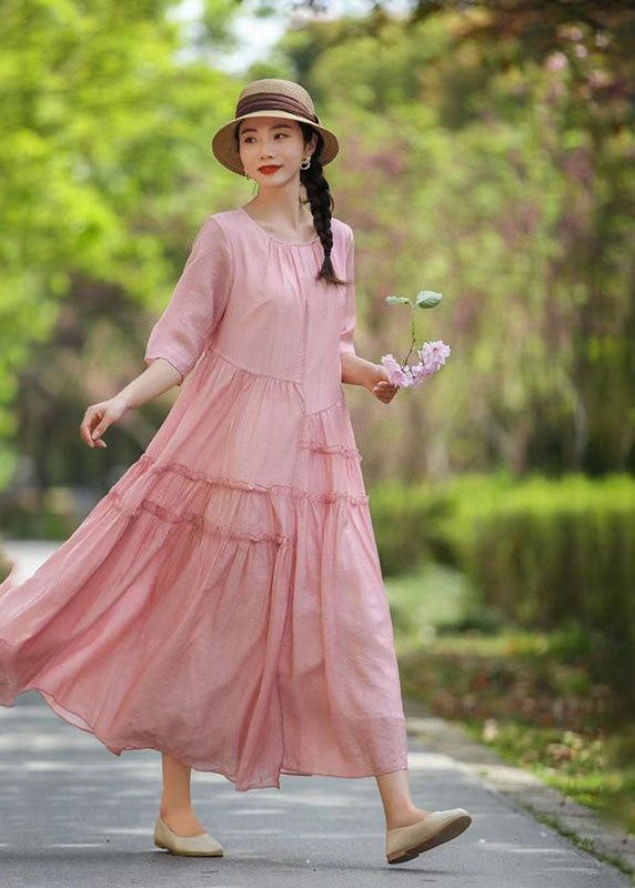 Bohemian Pink O-Neck Ruffled Patchwork Long Silk Dress Summer