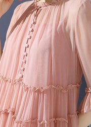 Bohemian Pink O-Neck Ruffled Patchwork Silk Mid Dresses Summer