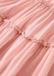 Bohemian Pink O-Neck Ruffled Patchwork Silk Mid Dresses Summer