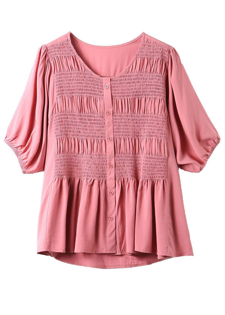 Bohemian Pink O-Neck Wrinkled Cotton Shirt Summer