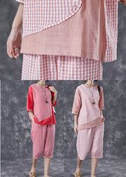 Bohemian Pink Oversized Patchwork Plaid Linen Two Pieces Set Summer