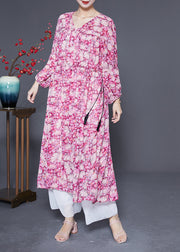 Bohemian Pink Oversized Print Drawstring Silk Vacation Dresses Spring