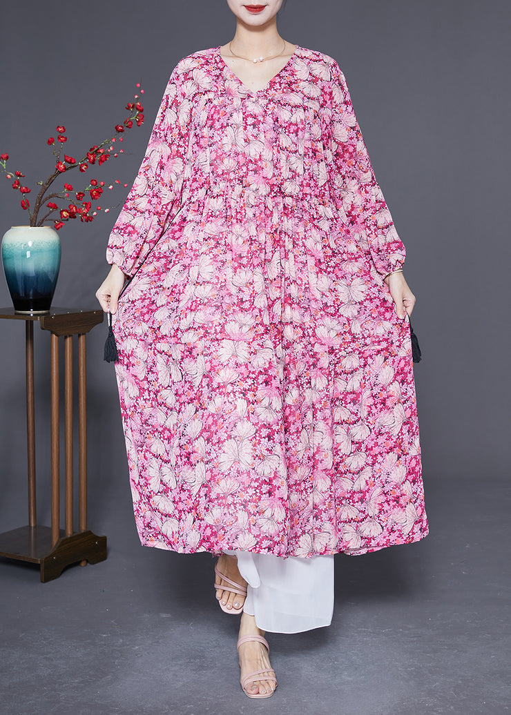 Bohemian Pink Oversized Print Drawstring Silk Vacation Dresses Spring