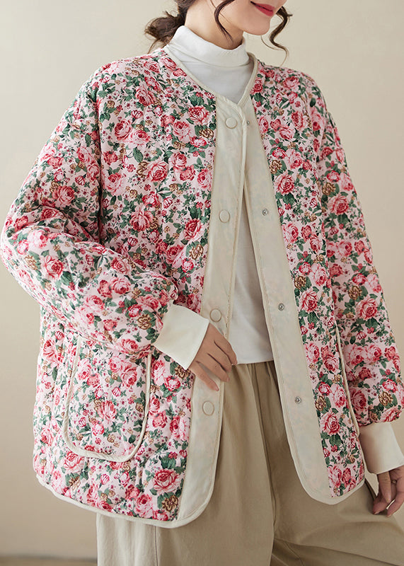 Bohemian Pink Pockets Print Plus Size Fine Cotton Filled Jacket Winter