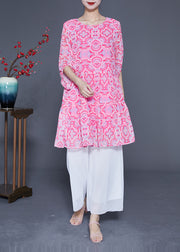 Bohemian Pink Print Patchwork Wrinkled Silk A Line Dress Lantern Sleeve