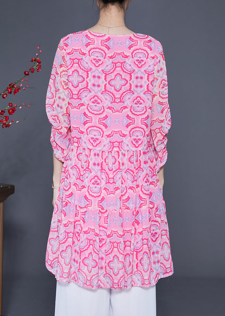 Bohemian Pink Print Patchwork Wrinkled Silk A Line Dress Lantern Sleeve