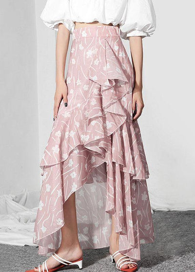 Bohemian Pink Print Ruffles Asymmetrical design Mermaid Skirt - SooLinen