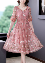 Bohemian Pink Ruffled Embroidered Exra Large Hem Tulle Cinched Dress Summer