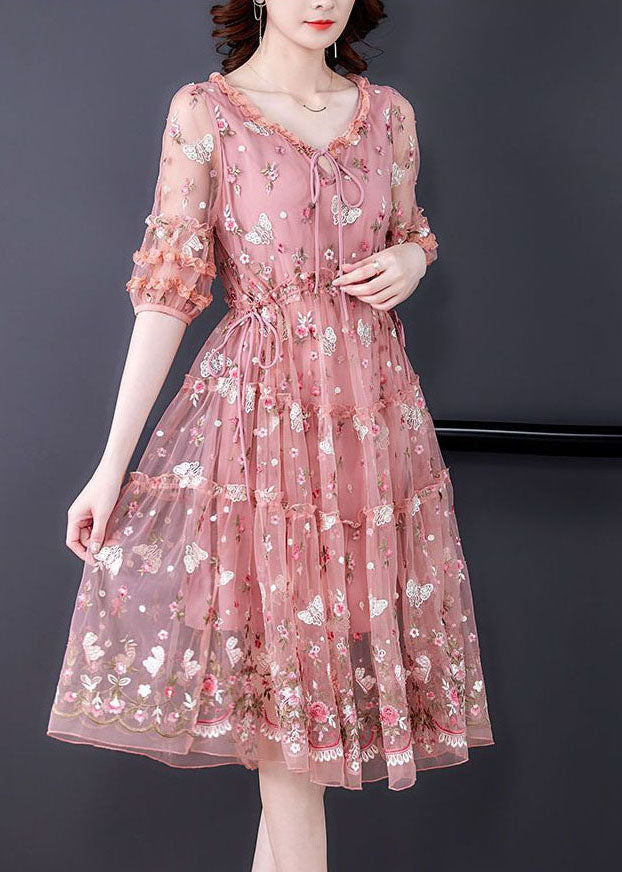 Bohemian Pink Ruffled Embroidered Exra Large Hem Tulle Cinched Dress Summer