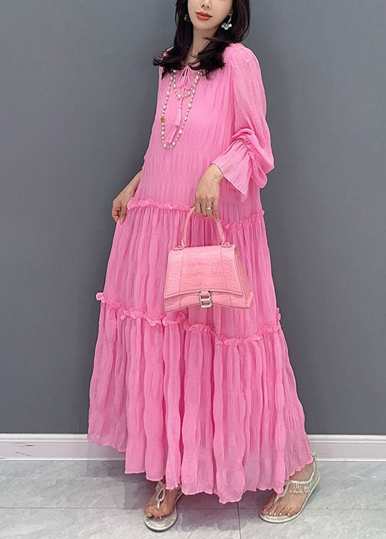 Bohemian Pink Ruffled Lace Up Patchwork Chiffon Long Dress Summer