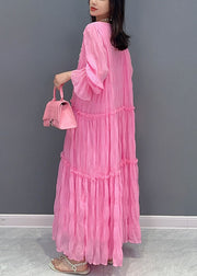 Bohemian Pink Ruffled Lace Up Patchwork Chiffon Long Dress Summer