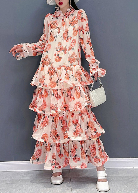 Bohemian Pink Ruffled Print Layered Chiffon Long Dresses Long Sleeve