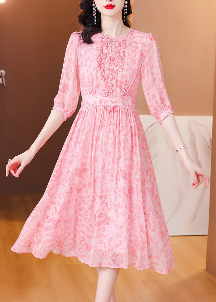 Bohemian Pink Ruffled Print Silk Dresses Half Sleeve