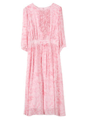 Bohemian Pink Ruffled Print Silk Dresses Half Sleeve