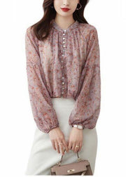 Bohemian Pink Stand Collar Print Chiffon Shirt Top Lantern Sleeve