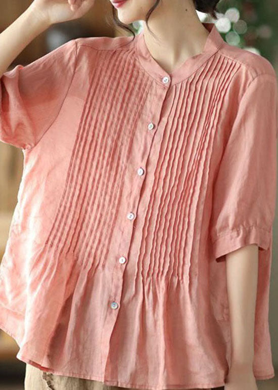 Bohemian Pink Stand Collar Wrinkled Patchwork Linen Shirt Tops Summer