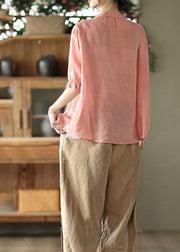 Bohemian Pink Stand Collar Wrinkled Patchwork Linen Shirt Tops Summer