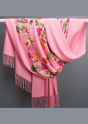 Bohemian Pink Tasseled Embroidered Faux Cashmere Scarf