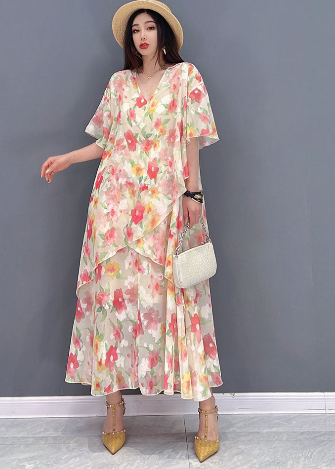 Bohemian Pink V Neck Asymmetrical Design Print Chiffon Beach Dresses Short Sleeve