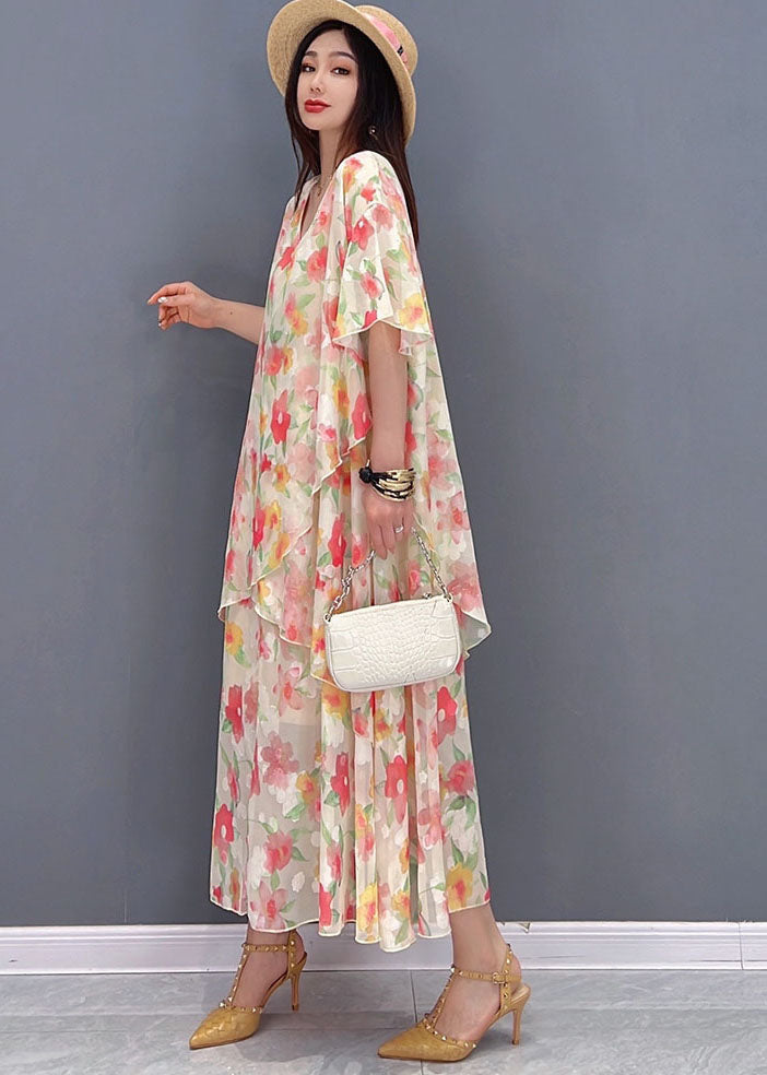 Bohemian Pink V Neck Asymmetrical Design Print Chiffon Beach Dresses Short Sleeve