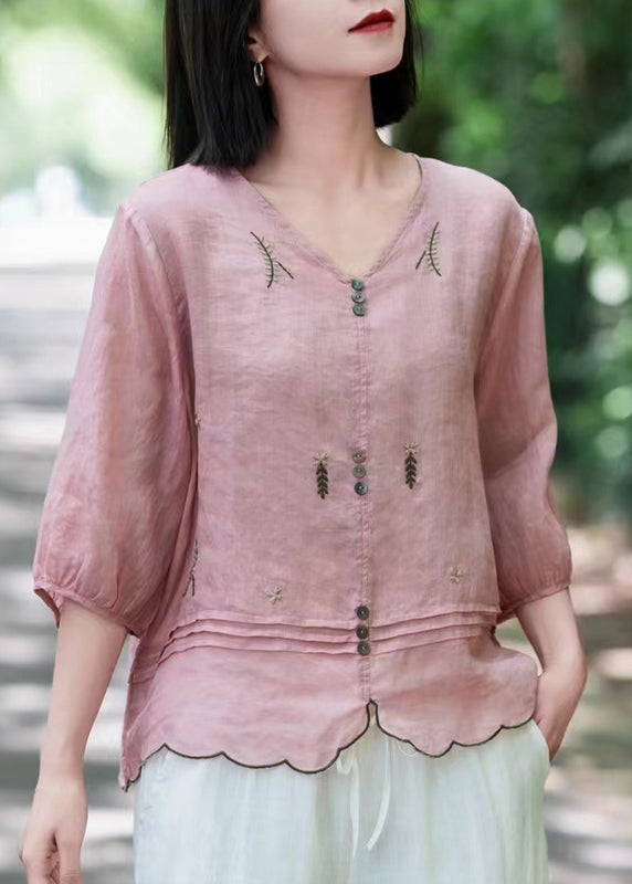 Bohemian Pink V Neck Embroidered Wrinkled Ramie Tops Fall