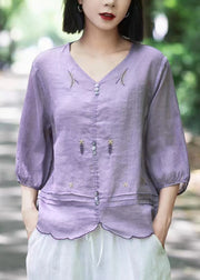 Bohemian Pink V Neck Embroidered Wrinkled Ramie Tops Fall