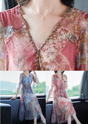 Bohemian Pink V Neck Print Chiffon Long Dresses Summer
