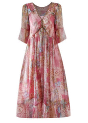 Bohemian Pink V Neck Print Chiffon Long Dresses Summer